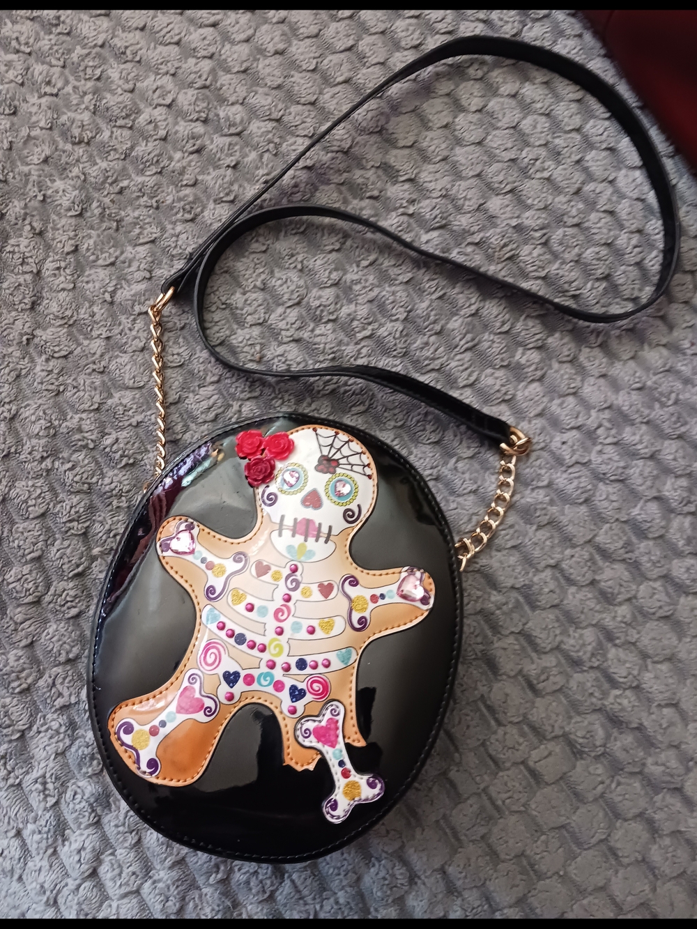 Betsy Johnson Black Patent Crossbody Bag with Colorful Sugar-Skull Gingerbread